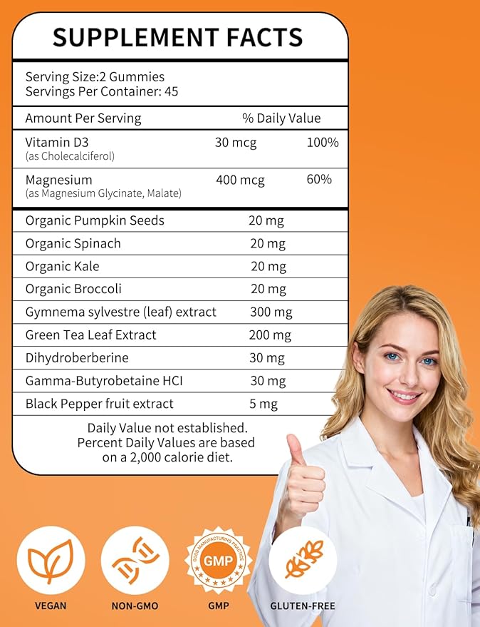 GLP-1 Magnesium Glycinate Gummies Supplements with Magnesium Malate & Taurate | Vitamin D3 Spinach | Kale | Broccoli | 90 Count with Gymnema Sylvestre, Green Tea Phytosome (Pineapple)