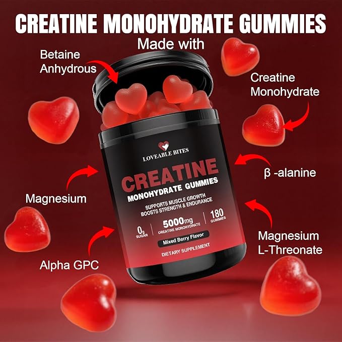 Loveable Bites Creatine Monohydrate Gummies – 5000mg Creatine Gummies for Men & Women | Supports Muscle Strength, Endurance, Energy & Recovery | Sugar-Free, Vegan, Mixed Berry Flavor, 180 Count