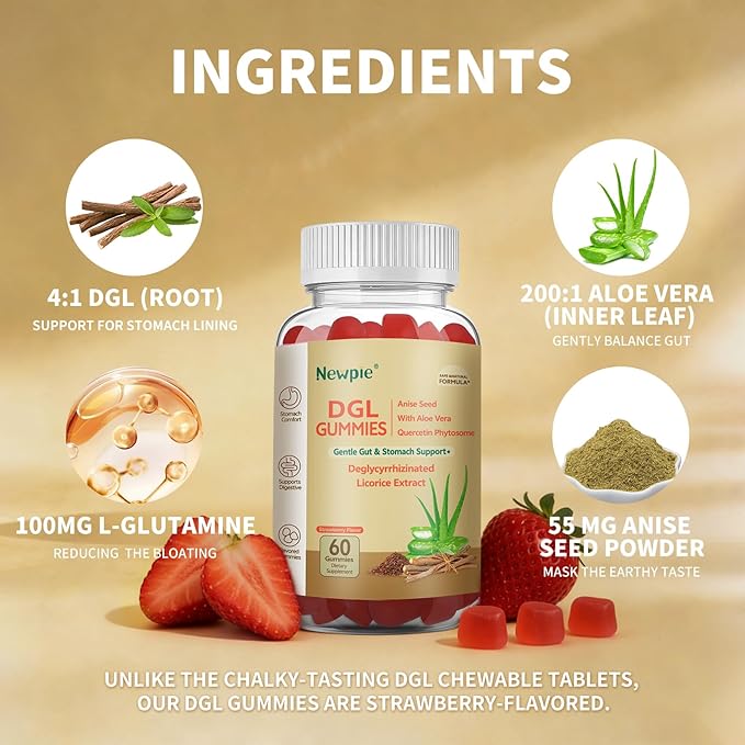 DGL Gummies | Deglycyrrhizinated Licorice Root Extract, Quercetin, Aloe Vera, Anise Seed Powder | Gut Health, Stomach Soothe, Gerd Support, Digestive Comfort | Gluten Free, 60 ct(Strawberry Flavor)