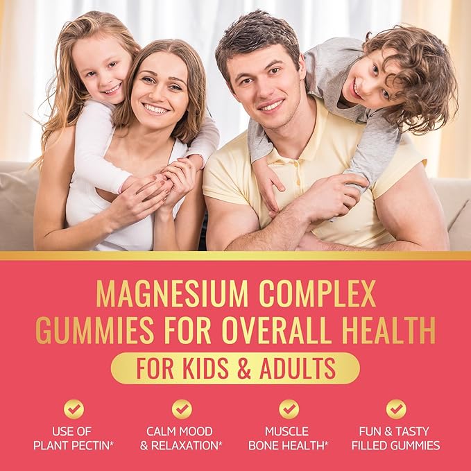 Magnesium Complex Gummies for Kids & Adults- Magnesium Glycinate, Taurate, Citrate, Malate Supplement-Support Calm Stress Relief, Bone, Muscle, Mood Vegan, Banana & Strawberry Flavor, 60 Gummies