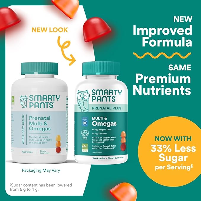 SmartyPants Prenatal Multivitamin Gummies, Omega 3 (DHA/EPA), Methylfolate, Biotin, Vitamin D3, C, Vitamin B12, B6, Vitamin A, K & Zinc, Gluten Free, 120 Count (40 Day Supply)