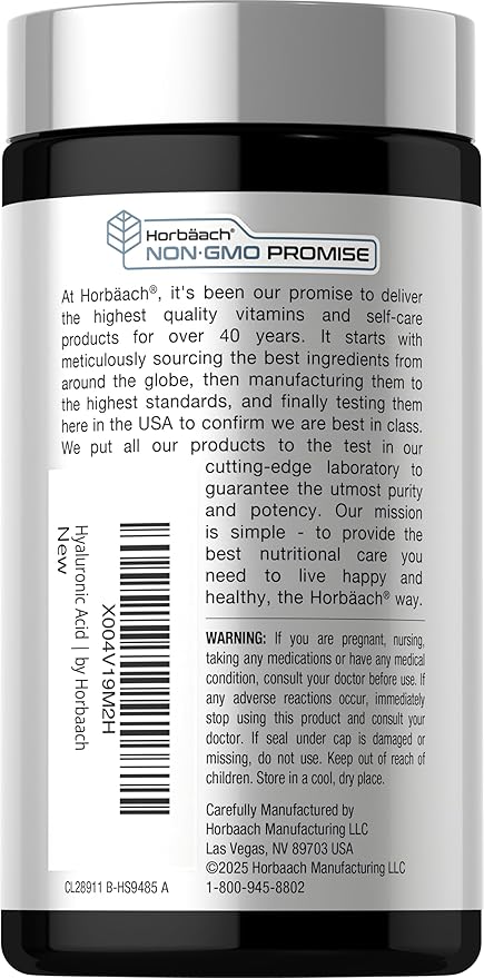 Horbäach Hyaluronic Acid Supplement | 100mg | 120 Capsules | Non-GMO, Gluten Free