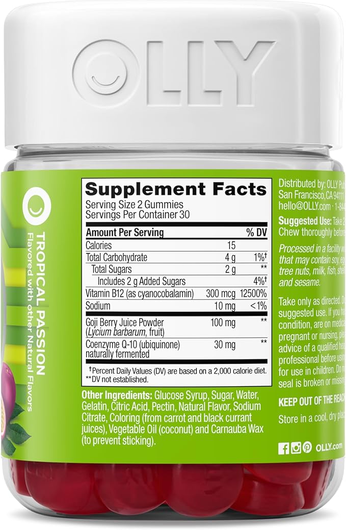 OLLY Daily Energy Gummy, Caffeine Free, Vitamin B12, CoQ10, Goji Berry, Adult Chewable Supplement, Tropical Flavor - 60 Count