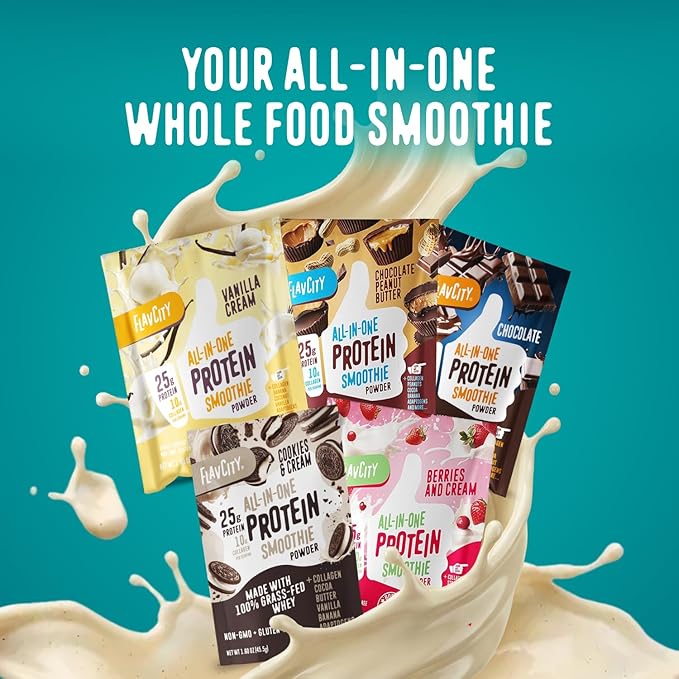 FlavCity All in One Protein Shake Powder Packets - On the Go Meal Alternative + 25g Protein & 10g Collagen, Made with Organic Reishi & Cordyceps Mushrooms - No Added Sugars, Variety 10 Pack