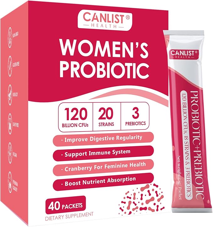 Women's Probiotic Powder - 120 Billion CFUs, 20 Strains, Cranberry Extract & 3 Prebiotics, Help for Immune Booster, Digestive Health, Vaginal & Urinary Health, 40 Packets