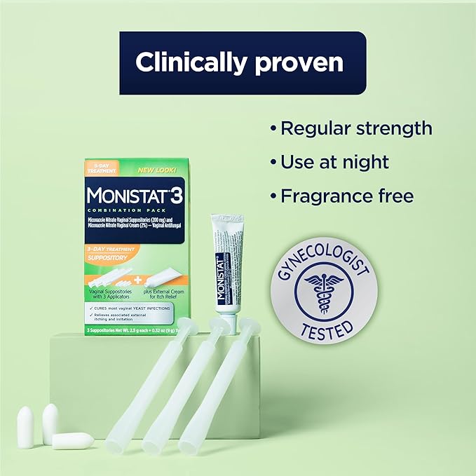 Monistat 3-Day Yeast Infection Treatment for Women, 3 Miconazole Vaginal Suppositories & External Itch Relief Cream (9g Tube) Combo Pack