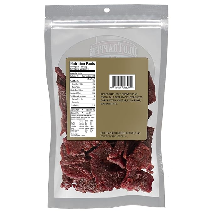 Old Trapper Beef Jerky, Old-Fashioned 8 Ounce Bag, Tender Meat Snacks for Lunches or Between Meals, 11 Grams of Protein, Zero Grams of Fat, and 70 Calories per Serving (Pack of One)