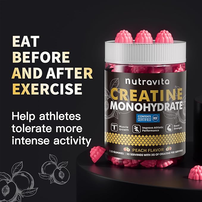 Creatine Monohydrate Gummies for Men & Women-5g of Creatine Monohydrate per Serving - Sugar Free,Vegan, Peach Flavor, 120 Count
