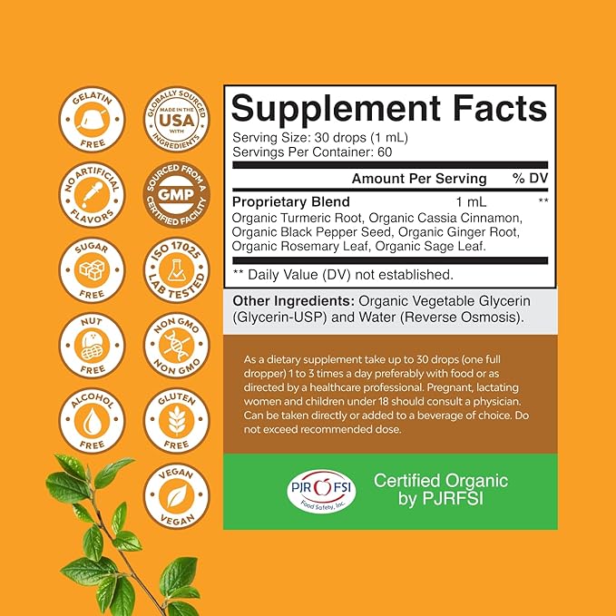 Organic Turmeric Liquid Drops for Adults - Turmeric Curcumin with Black Pepper, Cinnamon & Ginger Extract Liquid for Joint Pain, Mobility & Inflamation - Curcumin Drops for Immune Support - 2 Fl Oz