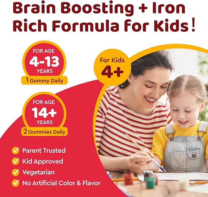 Iron Supplement Gummies for Kids, Kids Multivitamin with Iron Gummies - Zinc, Vitamin B Complex, A, C, D3, B12, Folate for Blood Builder & Energy Support, Iron Deficiency, Vegan Strawberry 60 Gummies