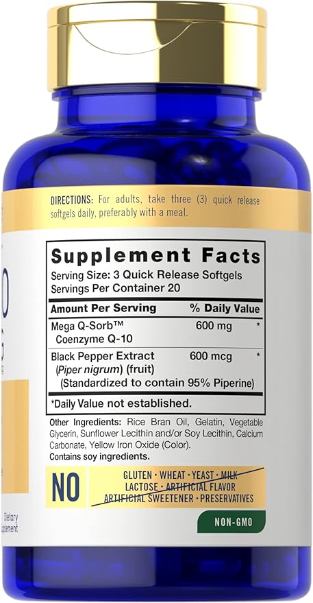 Carlyle CoQ10 600 mg Softgels | 60 Count | Mega Q-Sorb Coenzyme Q-10 | with Black Pepper Extract | Non-GMO & Gluten Free Supplement