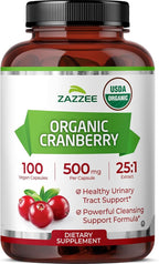 Zazzee USDA Organic Cranberry 25:1 Extract, 500 mg per Capsule, 100 Vegan Capsules, 3+ Month Supply, Certified Kosher, Vaccinium Macrocarpon, Urinary Tract & Bladder Support, Non-GMO, Made in the USA