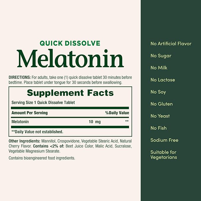 Nature's Bounty Melatonin, 100% Drug Free Sleep Aid, Dietary Supplement, Promotes Relaxation and Sleep Health, 10mg, 45 Quick Dissolve Tablets (Pack of 3)