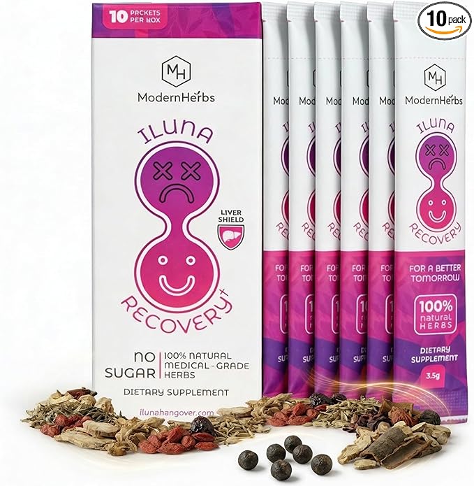 ILUNA Recovery Fast-Acting Herbal Hangover Relief – Premium Milk Thistle with Detox Herbs & Natural Pebbles – Liver Support & Inflammation Balance – Max Strength (10 Pk)