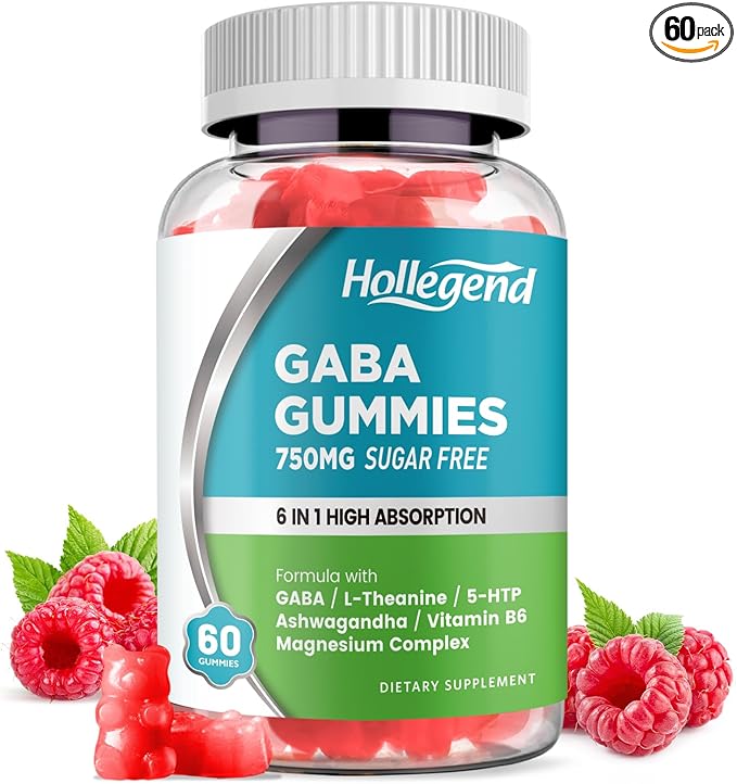 GABA Gummies, Sugar-Free Stress Relief Gummies for Adults, High-Potency GABA L-theanine Supplement with Magnesium, Ashwagandha, 5-HTP & Vitamin B6 for Zzz & Brain Health, Vegan, 60