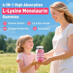 L-Lysine Monolaurin Gummies, Monolaurin and Lysine 1000mg Supplement for Adults & Kids, with Vitamin C, Zinc, Selenium & Quercetin, Immune & Overall support, Oral & Lip Health, Peach Flavor, 60 Ct