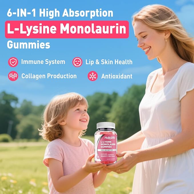 L-Lysine Monolaurin Gummies, Monolaurin and Lysine 1000mg Supplement for Adults & Kids, with Vitamin C, Zinc, Selenium & Quercetin, Immune & Overall support, Oral & Lip Health, Peach Flavor, 60 Ct