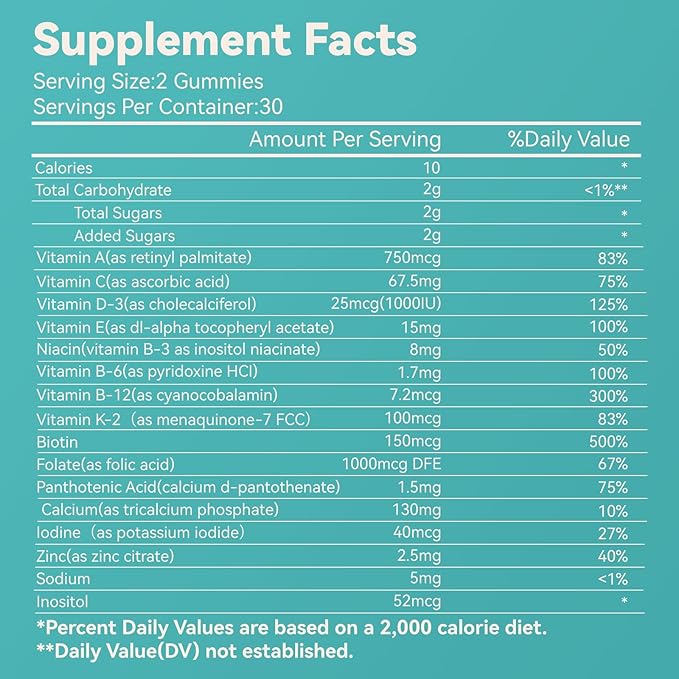 Women's Multivitamin Gummies, Vitamins A, C, D3, E, K, B12, Calcium, Biotin, Folic Acid, Inositol, Multivitamin for Women for Daily Nutritional Support, 30 Day Supply - 60 Count