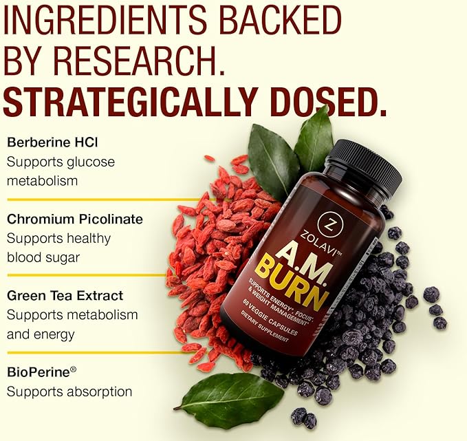 A.M. Burn GLP-1 Supplement Weight Loss Support | Berberine +Picolinate, Green Tea & BioPerine | Developed by Weight Management Experts | Glp1 High Absorption | USA Made, GMP Certified, 60 Caps