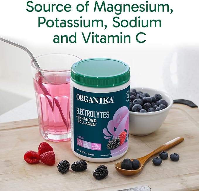 Organikа Electrolytes with Enhanced Collagen Powder for Women & Men - 13 oz - Wild Berry-Flavored Effervescent Electrolyte & Collagen Drink Mix - Deep Hydration, Mobility, Skin, Hair, & Nails