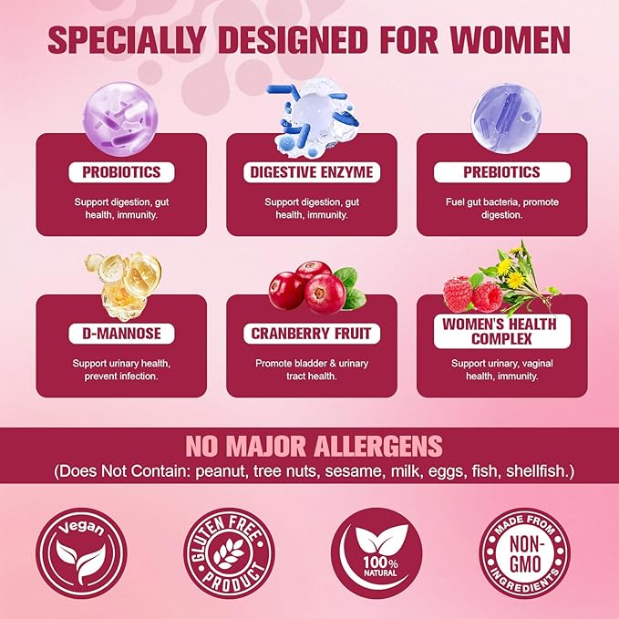 Totaria (2 Packs) Probiotics for Women, 120 Billion Women Probiotic, Digestive Enzymes & Prebiotics, with Akkermansia, Cranberry, D-Mannose, for Gut, Urinary, Immune, PH Balance, 240 Vegan Capules