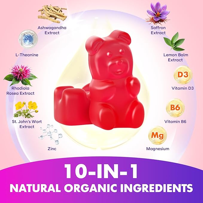 softbear Saffron Gummies for Kids & Adults, 10-in-1 Organic Saffron Supplements with 88.5mg Saffron Extract Support Calm Mind & Focus & Zzz, Sugar Free/Non-GMO, Raspberry Flavor 60 Count