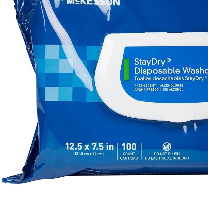McKesson Staydry Disposable Washcloths with Aloe, Pre-moistened, 8 X 12", Soft Pack