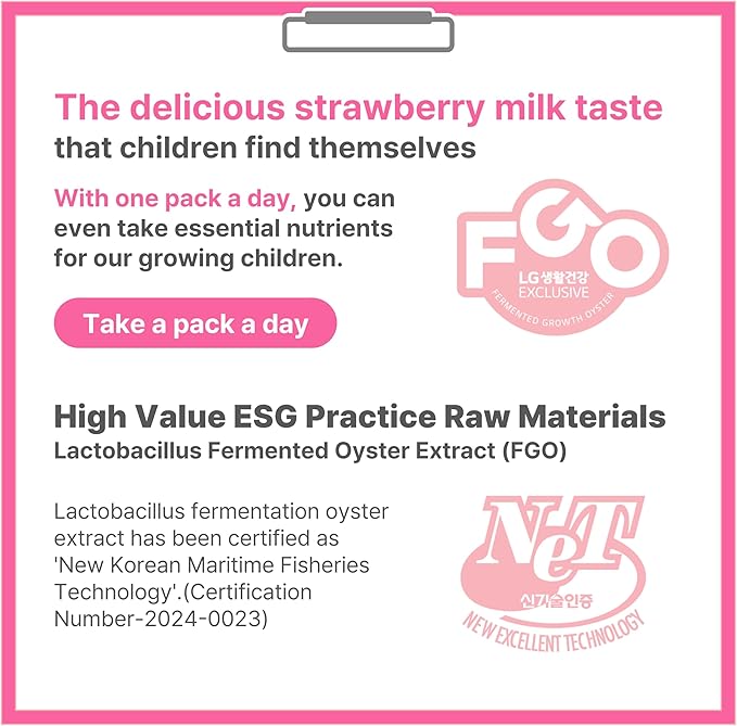 KEYTENTIAL] Height Growth Strawberry Milk Drink for Kids & Teens | Trusted LG H&H Formula from Korea | FGO Probiotic + Zinc, Vitamin D3, Whey Protein & Potassium | Daily Nutrition Supplement