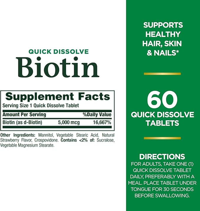 Nature's Bounty Biotin, Supports Metabolism for Cellular Energy and Healthy Hair, Skin, and Nails, 5000 mcg, 60 Quick Dissolve Tablets, (Pack of 2)