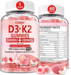 Vitamin D3 K2 Gummies 10000 IU with 500mg Calcium Magnesium Zinc Gummy Sugar Free ADK+Vitamin B12 Supplements for Women and Men Bones, Muscles, Teeth Peach Flavor - 60 Gummies - 30 Servings