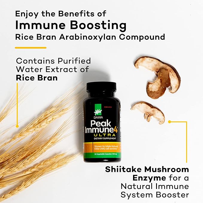 Daiwa PeakImmune4 Natural Immune Support Supplement | Enhances NK Cell Function with RBAC Rice Branand Mycelia Extract from Shiitake Mushrooms | Ultra Strength