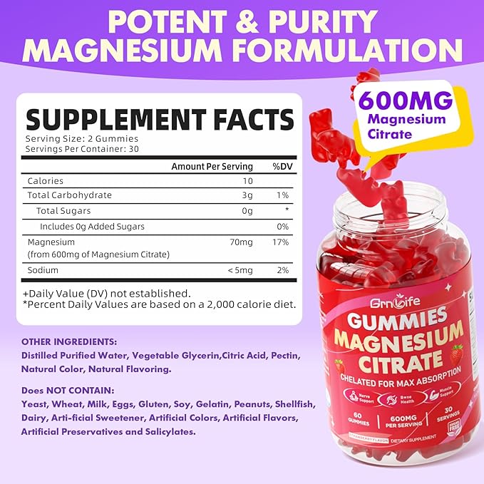 Magnesium Citrate Gummies 600mg for Women Men, High Absorption Magnesium Supplement Gummies for Calm, Relaxation, Muscle Health, Vegan, Strawberry Flavor, 60 Count