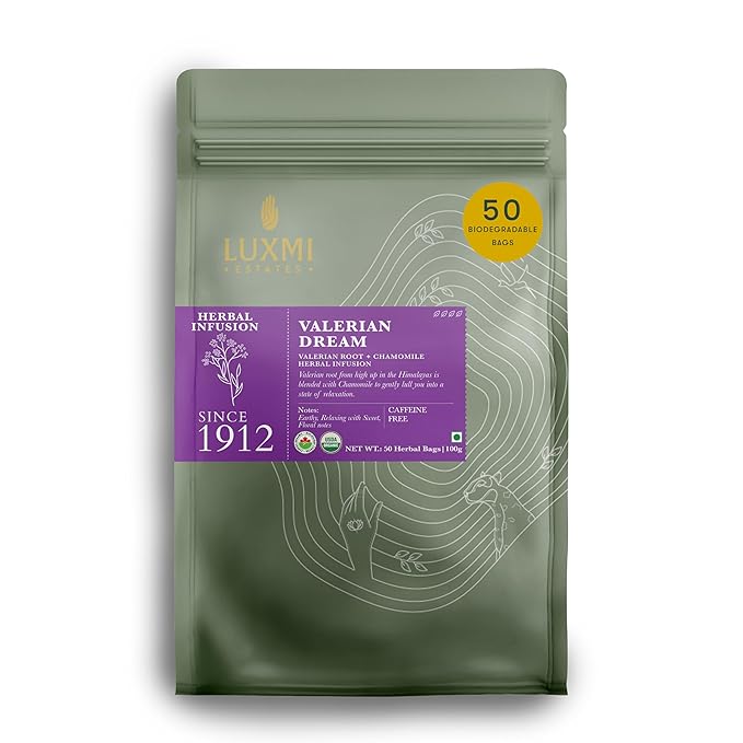Luxmi Estates - Valerian Dream Tea - Organic Valerian Root Chamomile for Sleep, 50 Tea Bags (100g/3.5oz) | Bulk Value Pack | Biodegradable Tea Bags