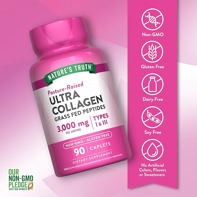 Nature's Truth Collagen Peptides | 90 Caplets | Type 1 and 3 with Vitamin C | Grass Fed, Non-GMO & Gluten Free Supplement