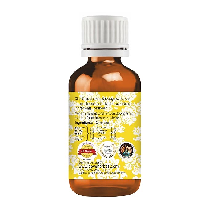 Deve Herbes Safflower Oil (Carthamus tinctorius) | Cold Pressed | Pure | Natural | Undiluted | For Diluting Essential oils | For Skin & Massage | Non-Sticky| Lightweight| Men & Women | 100ml (3.38 oz)