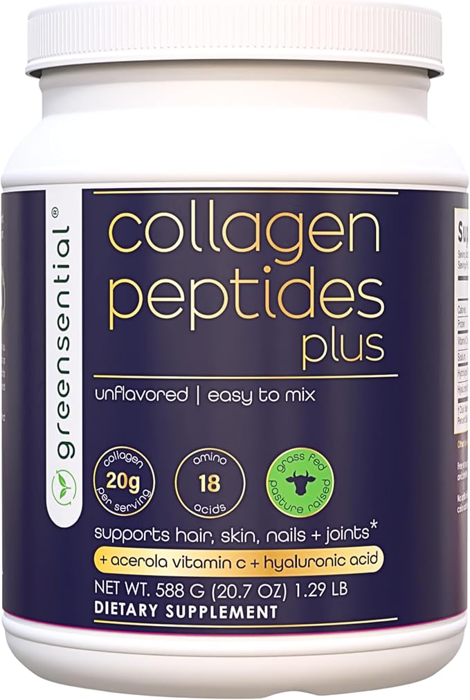 Greensential Collagen Peptides Plus Powder 21oz | + Acerola Vitamin C & Hyaluronic Acid | 100% Hydrolyzed Grass-Fed | Hair, Skin, Nail & Joint Support | Easy to Mix, Unflavored, 28 Servings