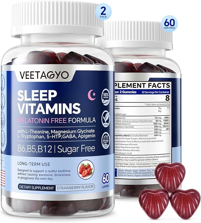 VEETAGYO Melatonin Free 5-HTP GABA Supplement Gummies for Adults & Kids 12+ with L-Theanine, Magnesium Glycinate, L-Tryptophan, Apigenin - Sugar Free, Strawberry Flavor, Vegan, 120 Count