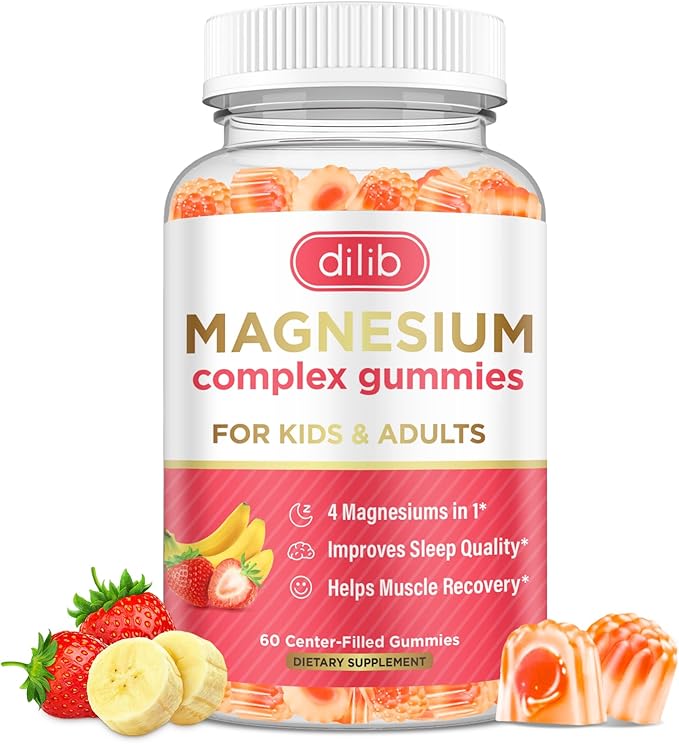 Magnesium Complex Gummies for Kids & Adults- Magnesium Glycinate, Taurate, Citrate, Malate Supplement-Support Calm Stress Relief, Bone, Muscle, Mood Vegan, Banana & Strawberry Flavor, 60 Gummies