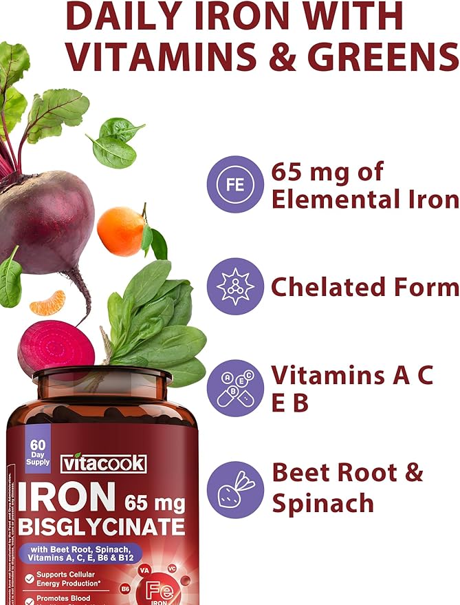 Iron Supplement for Women & Men, 65mg Ferrous Bisglycinate Chelate, Slow Release Iron with Vitamins A C E B6, B12, Folate, Organic Spinach & Beet Root Powder, for Blood Flow & Energy Support, 60 Caps
