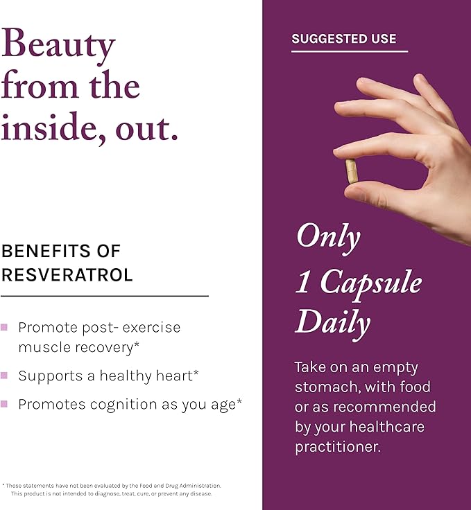 Reserveage Beauty, Resveratrol 100 mg, Antioxidant Supplement for Heart and Cellular Health, Supports Healthy Aging and Immune System, Paleo, Keto, 30 Capsules (30 Servings)