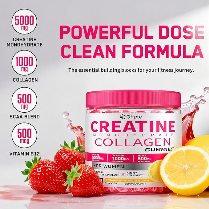 Creatine for Women, 5000mg Creatina Monohidratada Gummies with Collagen & BCAAs for Muscle Recovery, Energy & Skin, Chewable Post-Workout Supplement, Sugar-Free, No Bloating, 4 Gummies Per Day
