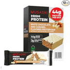 MUSASHI High Protein Bar, 45g Protein, 2g Total Sugars, White Chocolate Caramel, Post Workout and Protein Snack On The Go, 12 Pack of 3.2oz (90g) Bars