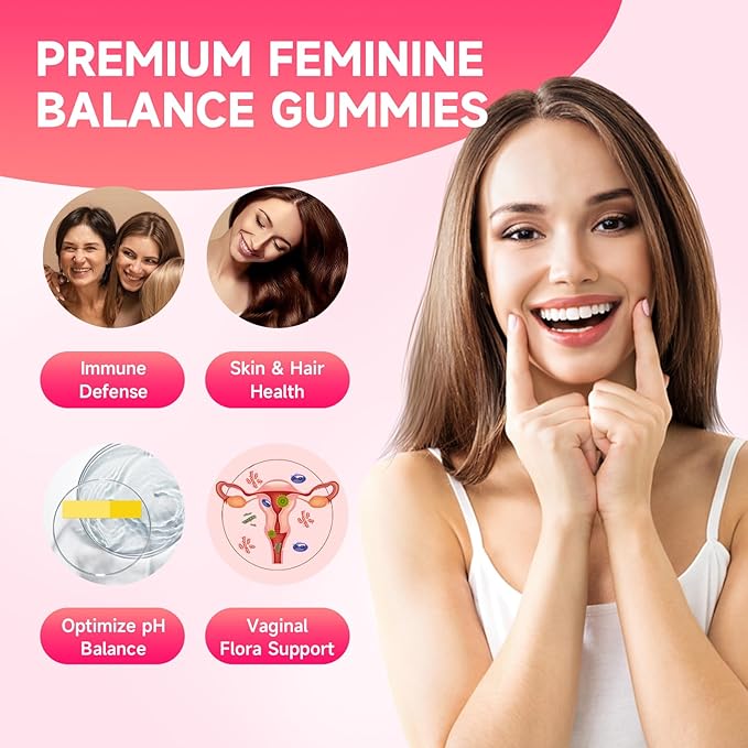 Feminine Balance Gummies for Women, Premium Feminine Balance Gummies Support PH Balance & Vaginal Health, Vegan, Gluten-Free, Strawberry Flavor 60 Gummies