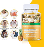 Magnesium Glycinate Gummies 1000mg, High Absorption Sugar Free Magnesium Potassium Supplement for Relaxation, Stress Relief, and Sleep Support for Adults & Kids - 180 Pineapple Gummies