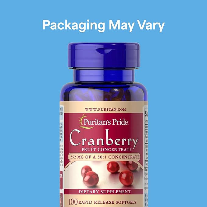 Puritan's Pride Premium Cranberry Fruit Concentrate 252mg (12,600mg Equivalent) with Vitamins C and E, Dietary Supplement for Immune System Support, 100 Rapid Release Softgels