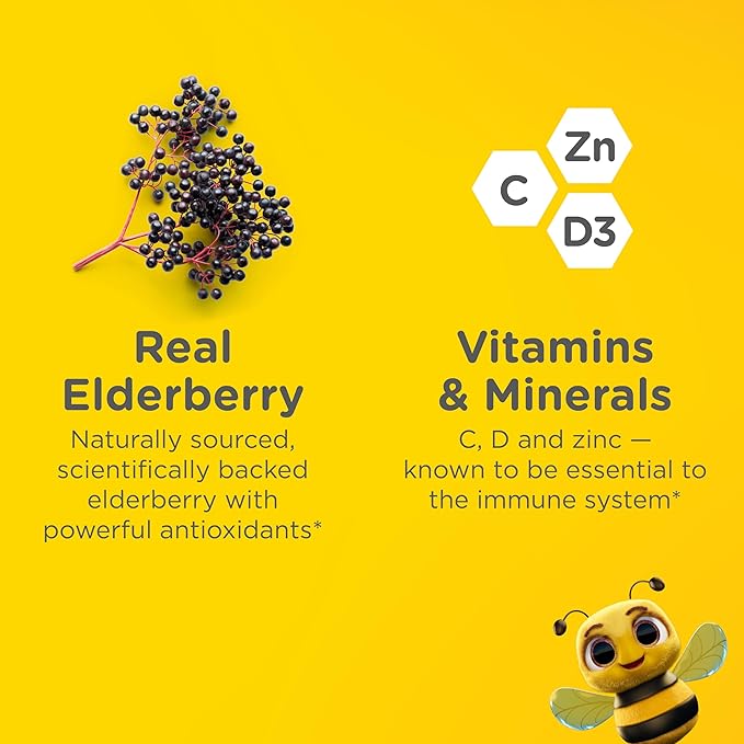 Zarbee's No Sugar Coating Elderberry Gummies for Kids, Daily Immune Support* Gummies with Vitamins C, D3 & Zinc to Support a Healthy Immune System*, No Artificial Flavors, Ages 2+, 42 ct