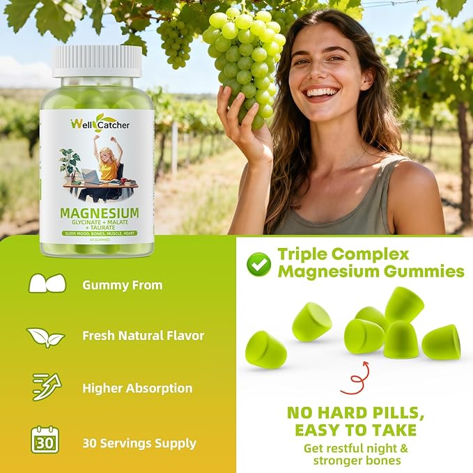 Triple Magnesium Complex Gummies for Women Men: Magnesium Glycinate Malate Taurate Supplements Support Sleep Mood Balanced Bones Muscle Health with CoQ10 Vta D3 Calcium, Sugar Free Vegan 30 Days