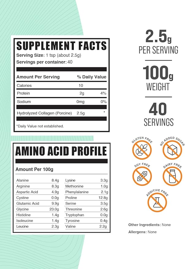 BulkSupplements.com Porcine Collagen Powder - Hydrolyzed Collagen Supplement, for Hair, Skin, & Nails - Unflavored & Gluten Free, 2.5g per Serving, 100g (3.5 oz) (Pack of 1)