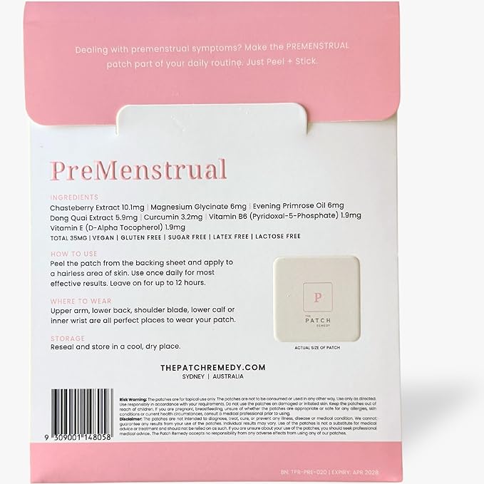 The Patch Remedy Pre Menstrual Patch | Chasteberry, Magnesium, Evening Primrose, Dong Quai, B6 & Vitamin E | 30 Patches
