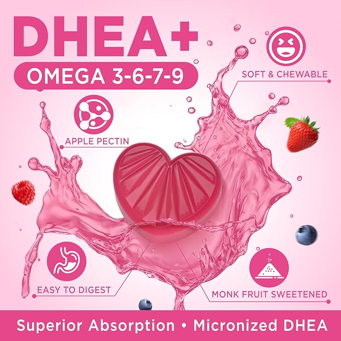 DHEA Supplement for Women, DHEA 50mg with Omega Fatty Acids, Magnesium & Antioxidant Blend, Supports Hormone Balance, Healthy Aging, Immunity & Energy, DHEA 25 mg per Gummy, Non-GMO, Sugar Free, 60ct